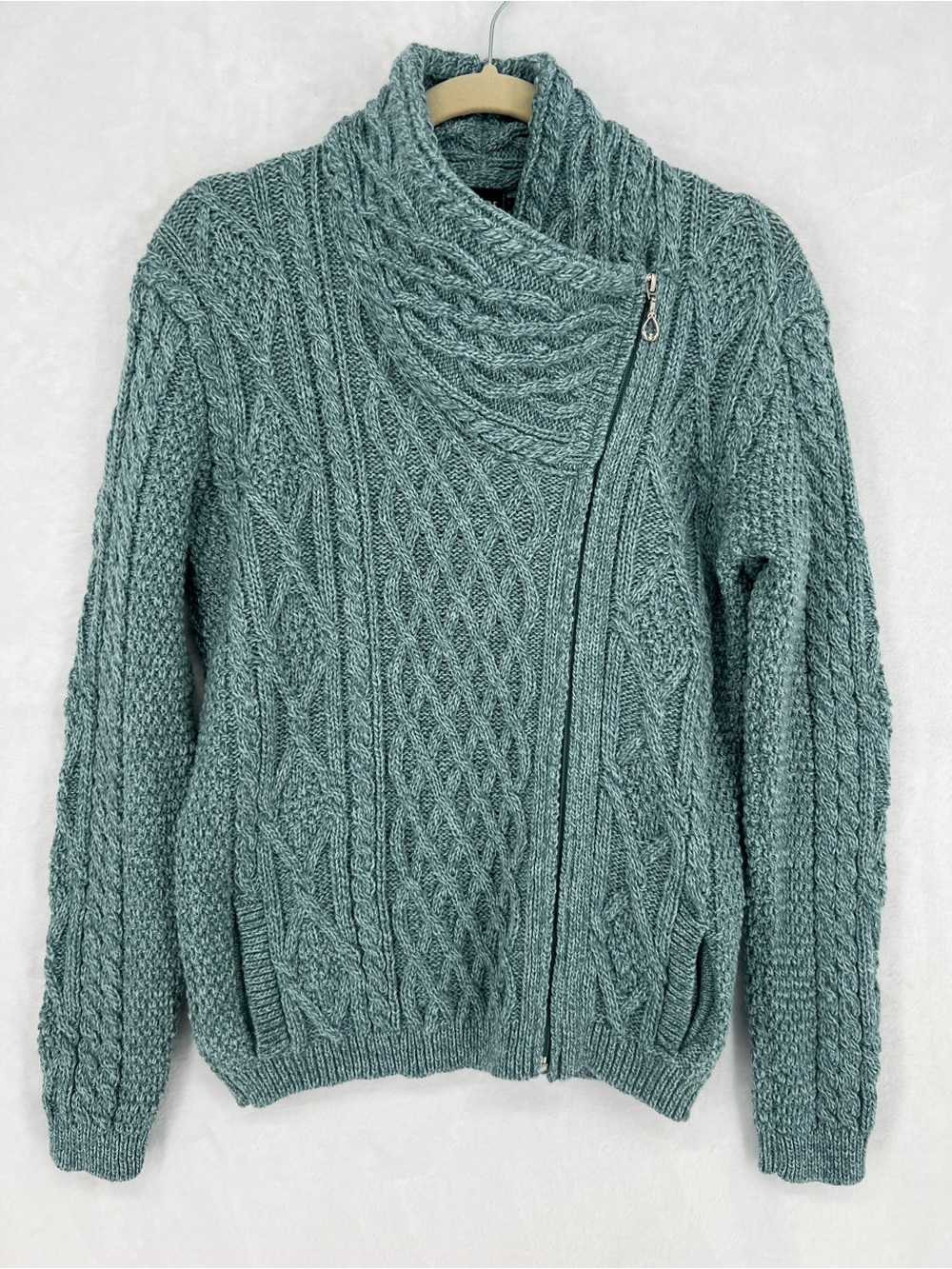 The Irish Store Merino Wool Aran Tunic Cardigan Sweater Womens Medium Cable Knit